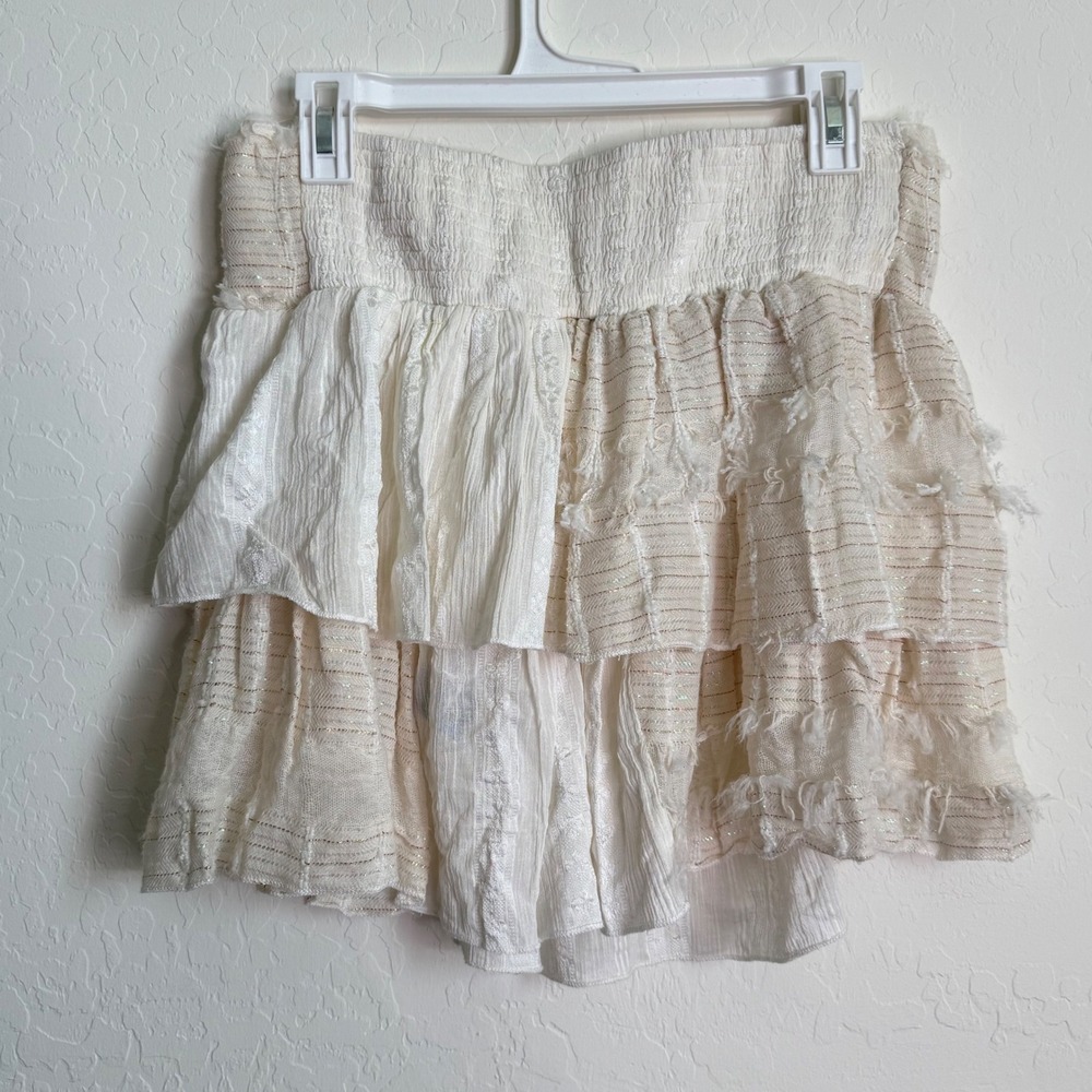 POL Cream White Tiered Cotton‎ Mini Skirt Smocked Boho Festival Large Fairy